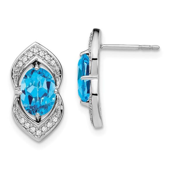 14k White Gold Blue Topaz & Diamond Post Earrings
